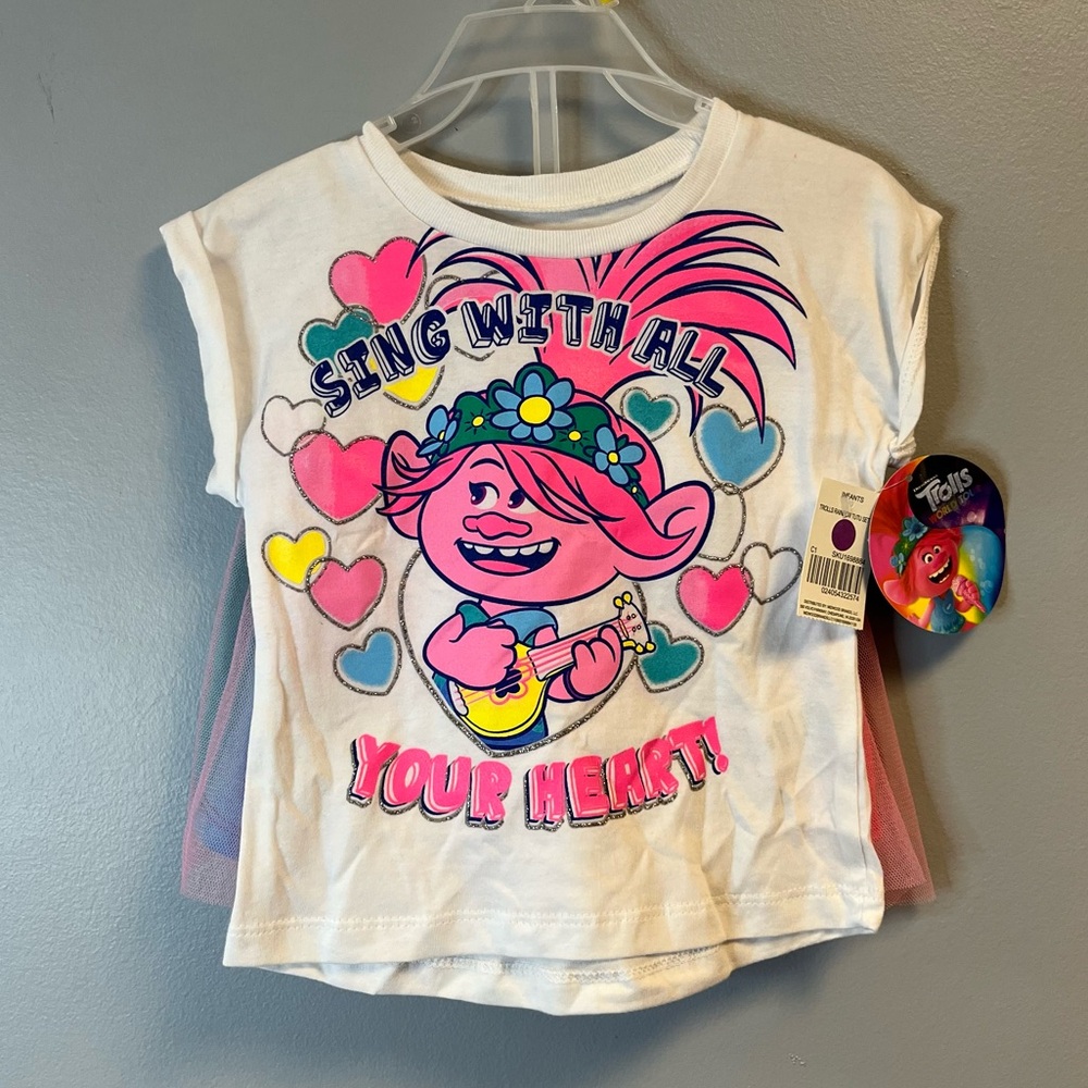 NWT TROLLS 2-Piece Kids Set Sz 18 Months Girls Graphic Tee & Rainbow Skirt Set